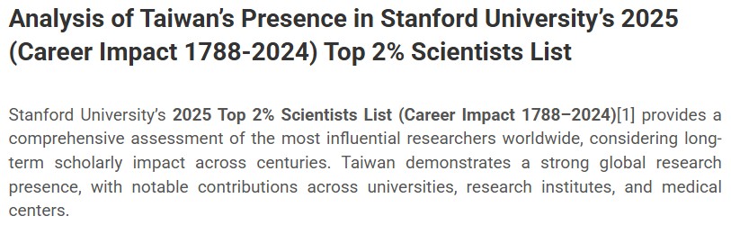史丹佛大學根據學者在研究領域中的學術影響力與貢獻, 每年遴選並公布「全球前2%最具影響力科學家」名單